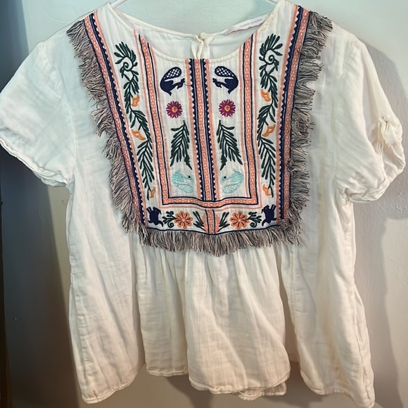 Zara Small Trafaluc Collection Babydoll Shirt Embroidered Fringe Cropped Boho - Picture 4 of 5